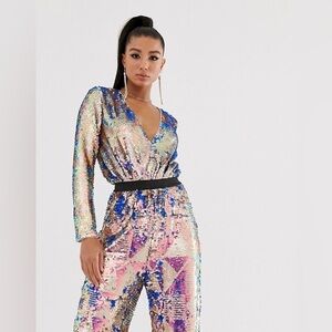 ASOS TFNC Sequin Bodysuit NWT w/matching pants lightly worn. Sz 14 uk 18.